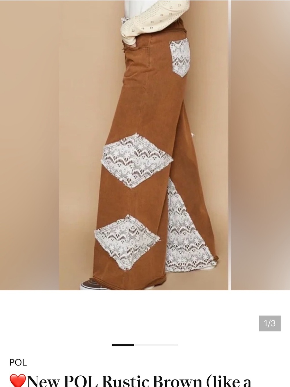 POL Rustic Brown Wide-Leg Pants with White Lace Insets
